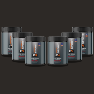 Six cans of P4 pre-workout powder