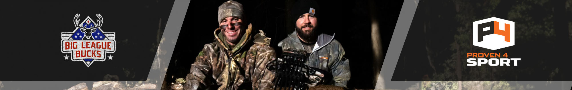 MLB players Zach Cox and James McCann in hunting gear, representing the partnership between Big League Bucks and Proven4 Sport for high-performance hunting supplements.