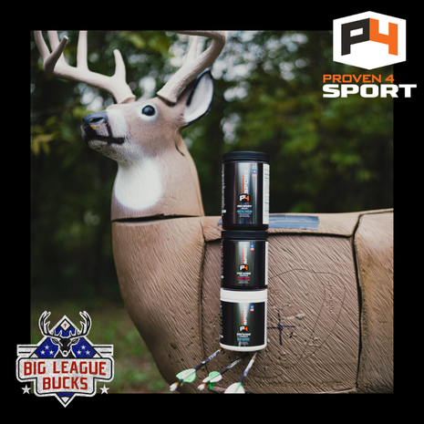 Dialed In & Focused: Archery Practice Fueled by Proven4 Pre-Game A 3D archery deer target with Proven4 Pre-Workout supplements stacked on it, representing the mental focus and steady hand required for precision bowhunting and outdoor performance.