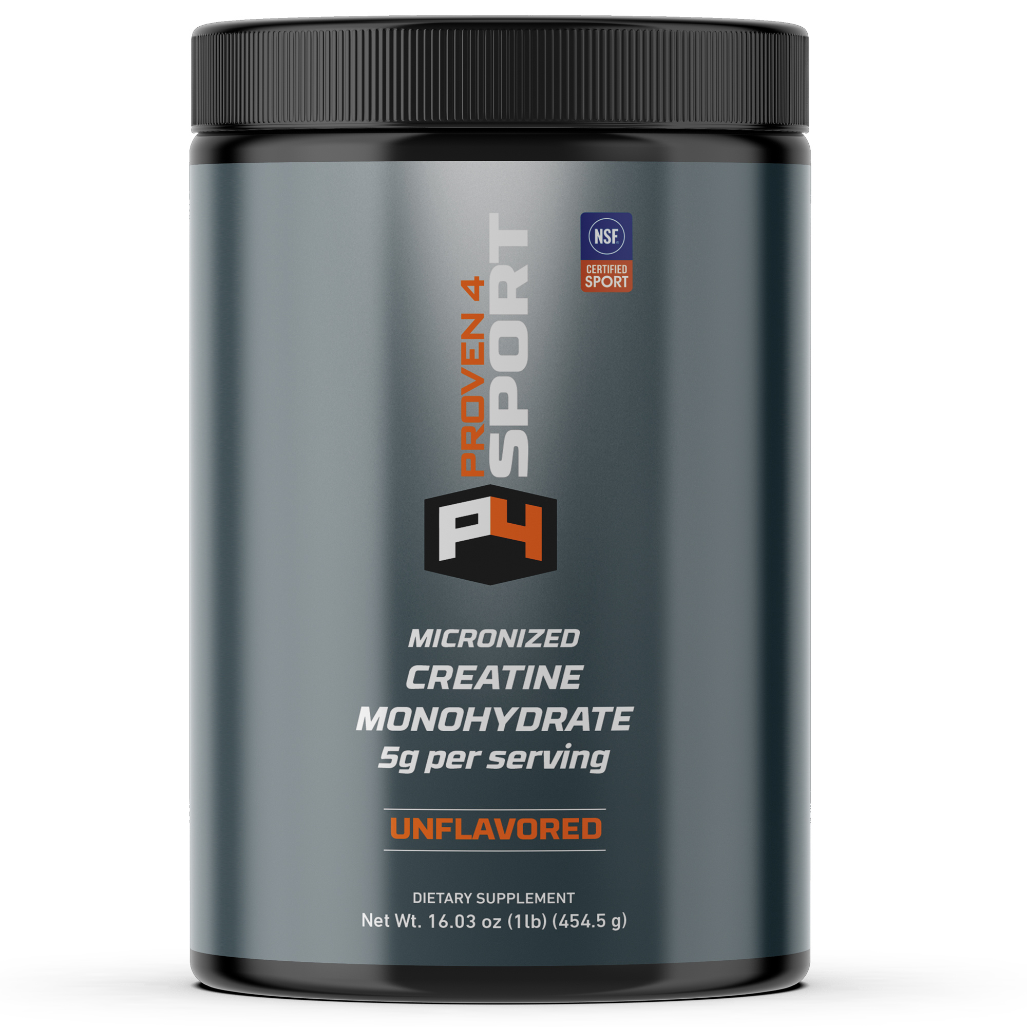 A 16oz can of Proven4 Creatine Monohydrate featuring 90 servings of unflavored, micronized powder. Ultra-fine 200 mesh rating for superior solubility in water or protein shakes. NSF Certified for Sport and made in the USA.