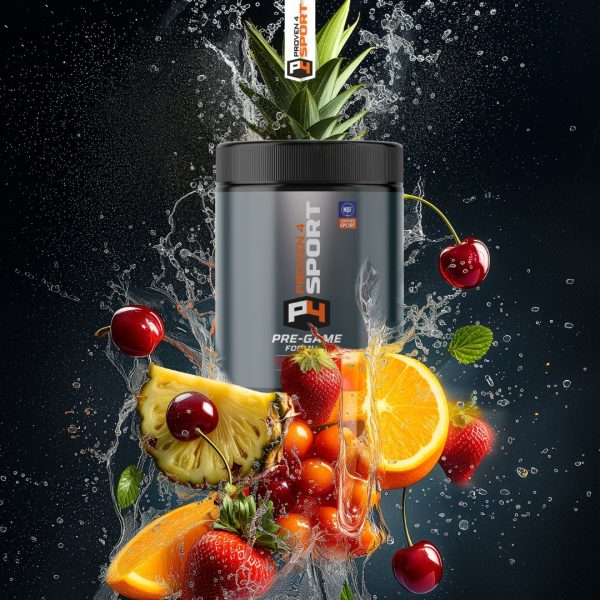 preworkout powder product photo, fruit dramatically splashing around