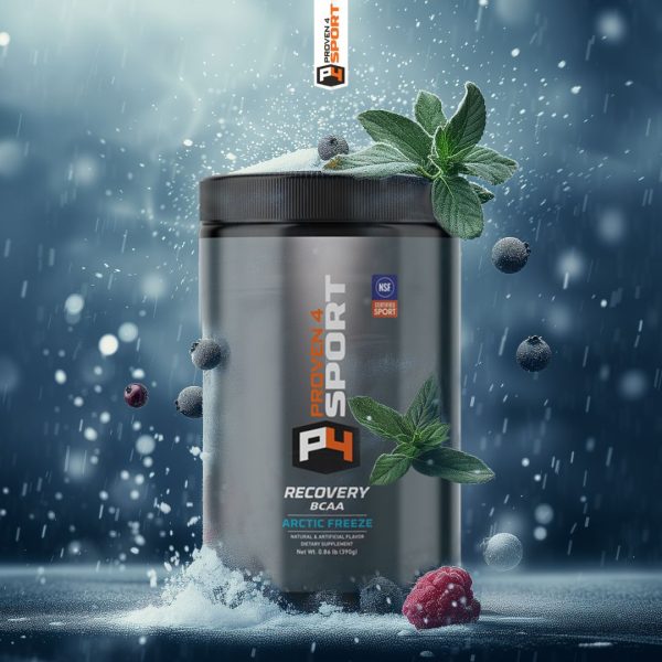 postworkout powder product photo, snow and frozen berries in dramatic lighting
