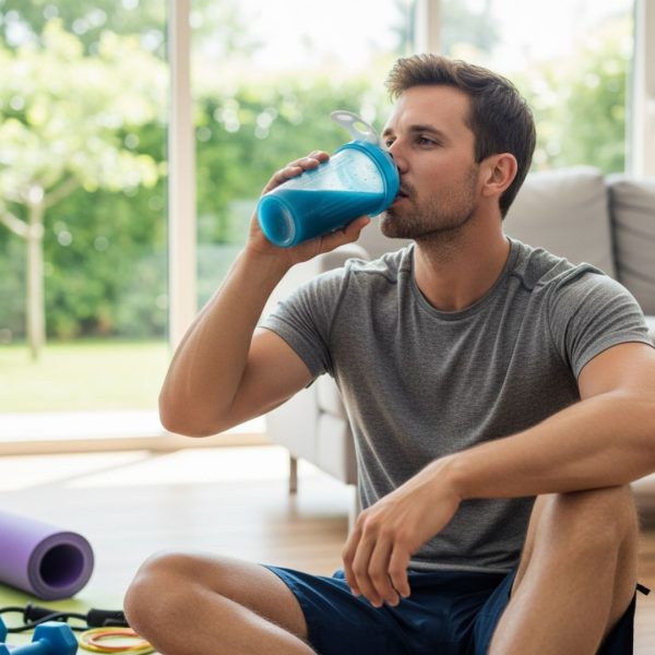 A man in athletic wear sits on the floor in a living room, drinking a blue recovery drink from a shaker bottle after a home workout.