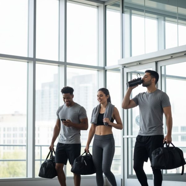 People leaving a modern gym after a workout 