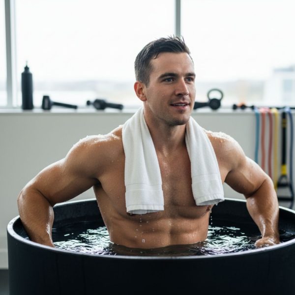 A man with a white towel over his shoulders sits in an ice bath, looking refreshed.