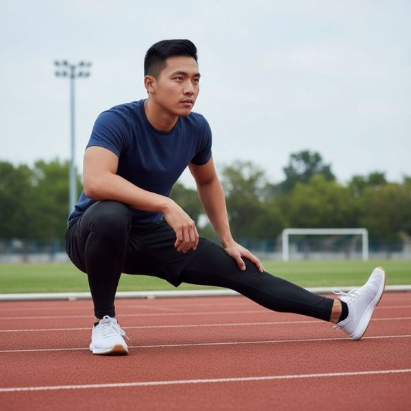 A male runner stretching on an outdoor track, illustrating the muscle recovery and stamina benefits of Proven4 NSF Certified for Sport endurance supplements.