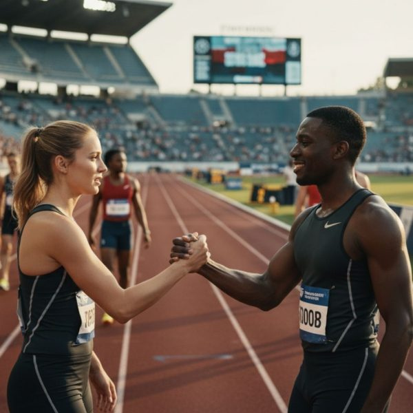 Professional male and female track athletes shaking hands on a stadium track, representing the trust and integrity of Proven4 NSF Certified for Sport supplements.