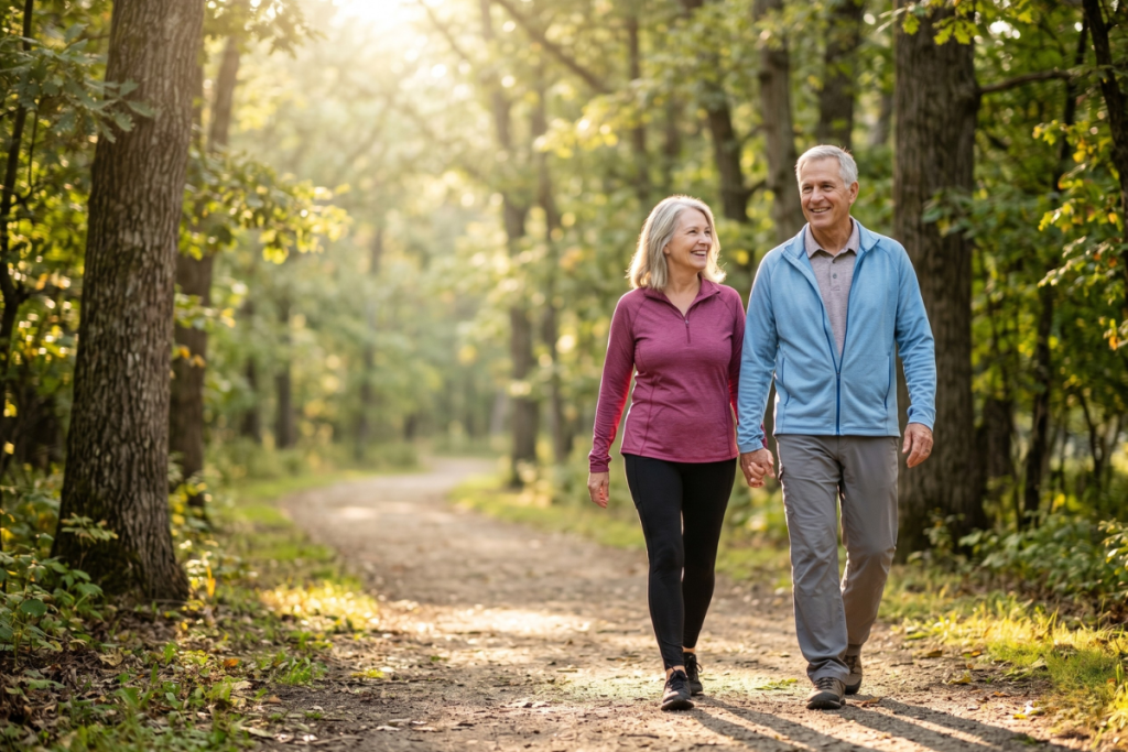 Active senior couple in their 60s walking together on an outdoor trail — staying energized and healthy through everyday activity