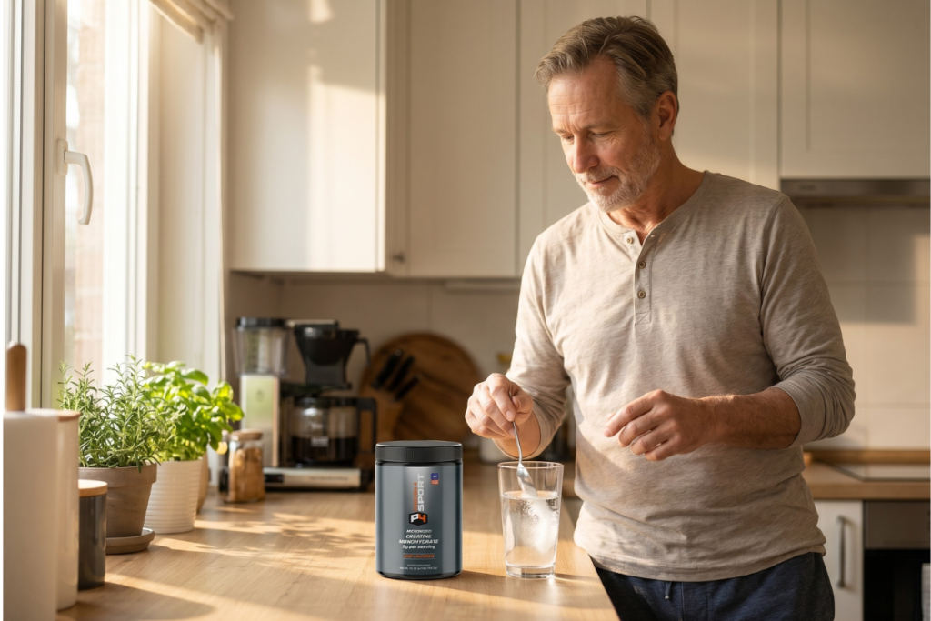 Man in his 60s mixing Proven4 Creatine Monohydrate into a glass of water in his kitchen as part of his daily morning routine