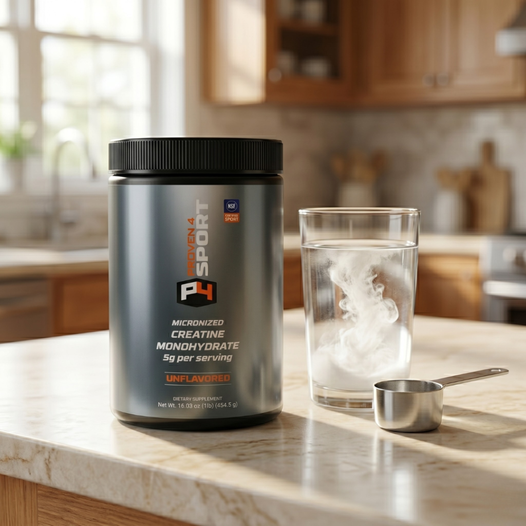 Proven4 Creatine Monohydrate canister with measuring scoop and glass of water — NSF Certified for Sport supplement for healthy aging